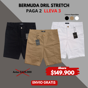 BERMUDAS DRIL STRETCH HOMBRE PAGA 2 Y LLEVA 3